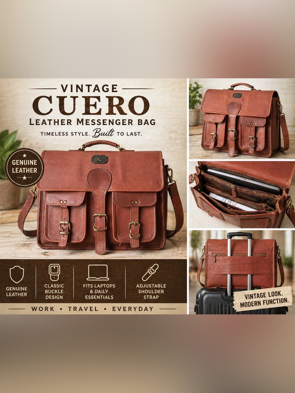 Vintage Cuero Leather Messenger Bag Brown Satchel Briefcase Crossbody Laptop